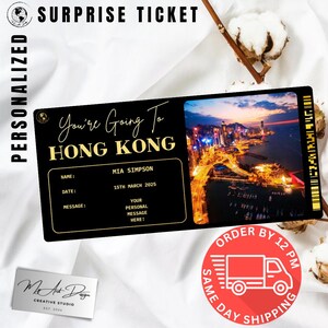 Hongkong Ticket | Benutzerdefinierte Reise nach Asien Geschenk | Personalisierte Reise offenbaren | City Adventure Souvenir-Karte
