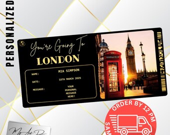 London Ticket | Custom City Trip Gift | Personalized Travel Reveal | UK Vacation Surprise Card