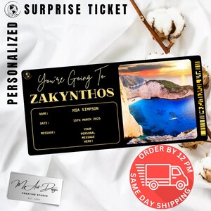 Billet pour Zante | Cadeau de voyage personnalisé en Grèce | Révélation de voyage personnalisée | Carte souvenir de vacances sur l'île