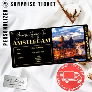 Billet pour Amsterdam | Cadeau personnalisé pour un voyage aux Pays-Bas | Révélation de voyage personnalisée | Carte souvenir City Break