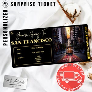 Billet pour San Francisco | Cadeau personnalisé voyage aux États-Unis | Révélation de voyage personnalisée | Carte souvenir City Escape