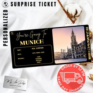 Billet pour Munich | Cadeau personnalisé pour un voyage en Allemagne | Révélation de voyage personnalisée | Carte souvenir City Break