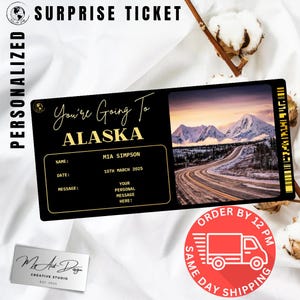 Alaska Ticket | Custom Trip to Alaska Gift | Personalized Travel Reveal | Arctic Adventure Souvenir Card