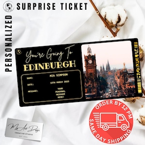 Edinburgh-ticket | Cadeau reis naar Schotland op maat | Gepersonaliseerde reisonthulling | Souvenirkaart historische stad