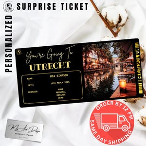 Billet pour Utrecht | Cadeau voyage personnalisé aux Pays-Bas | Révélation de voyage personnalisée | Carte souvenir City Break