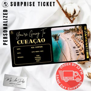 Curaçao Eintrittskarte | Benutzerdefinierte Reise in die Karibik Geschenk | Personalisierte Reise offenbaren | Island Getaway Souvenir Karte