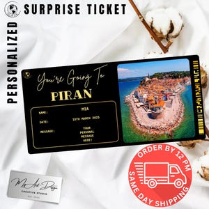 Billet pour Piran | Cadeau personnalisé pour un voyage en Slovénie | Révélation de voyage personnalisée | Carte souvenir Escapade dans l'Adriatique