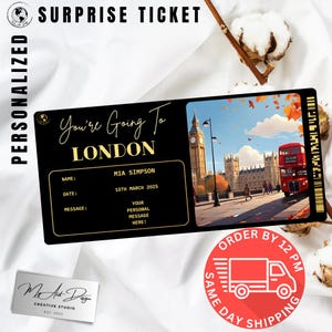 Billet pour Londres | Cadeau personnalisé voyage à Londres | Révélation de voyage personnalisée | Carte souvenir de vacances en ville