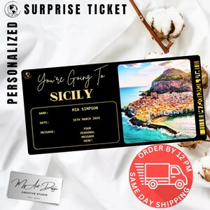 Billet pour la Sicile | Cadeau de voyage personnalisé en Sicile | Révélation de voyage personnalisée | Carte souvenir de vacances sur une île d'Italie