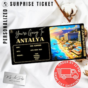 Antalya-ticket | Aangepaste reis naar Turkije cadeau | Gepersonaliseerde reisonthulling | Souvenirkaart mediterrane vakantie