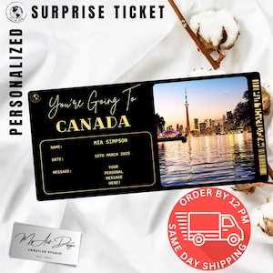 Billet Canada | Cadeau personnalisé pour un voyage au Canada | Révélation de voyage personnalisée | Carte souvenir de vacances