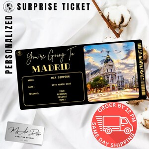 Billet pour Madrid | Voyage personnalisé à Madrid | Révélation de voyage personnalisée | Carte souvenir vacances en Espagne