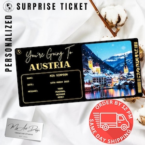 Billet Autriche | Cadeau de voyage personnalisé en Autriche | Révélation de voyage personnalisée | Carte souvenir de vacances