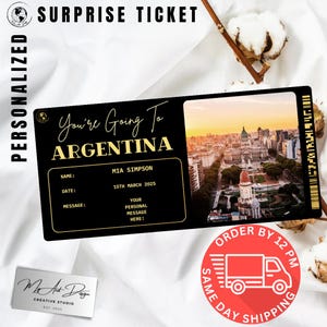 Billet pour l'Argentine | Cadeau de voyage personnalisé en Amérique du Sud | Révélation de voyage personnalisée | Carte souvenir de vacances