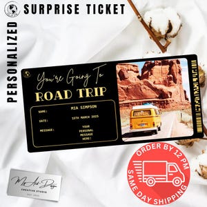 Billet Road Trip | Cadeau de voyage personnalisé | Pass aventure personnalisé | Carte souvenir voyage surprise