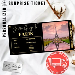 Billet Paris | Cadeau personnalisé pour un voyage en ville | Révélation de voyage personnalisée | Carte surprise vacances en France