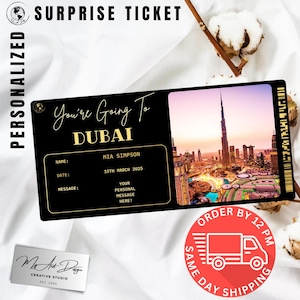 Bilhete para Dubai | Viagem personalizada para Dubai | Revelação de viagem personalizada | Cartão surpresa de férias nos Emirados Árabes Unidos