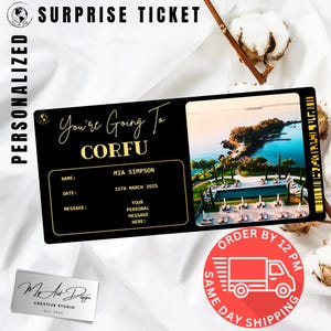 Korfoe-ticket | Aangepaste reis naar Griekenland cadeau | Gepersonaliseerde reisonthulling | Souvenirkaart voor eilandvakantie