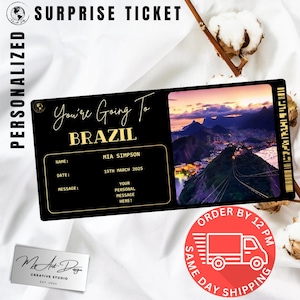 Instapkaart Brazilië | Aangepast cadeau voor reis naar Brazilië | Gepersonaliseerde reisonthulling | Nepvliegticket | Souvenirkaart
