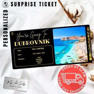 Billet pour Dubrovnik | Cadeau de voyage personnalisé en Croatie | Révélation de voyage personnalisée | Carte souvenir vacances dans l'Adriatique