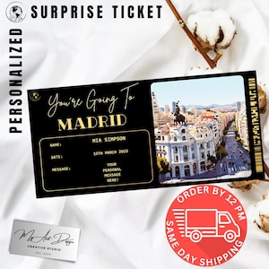 Biglietto per Madrid / Regalo personalizzato per un viaggio a Madrid / Viaggio personalizzato / Biglietto ricordo per una vacanza in Spagna