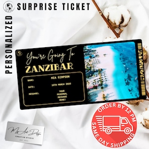 Zanzibar-ticket | Aangepast Afrika-reiscadeau | Gepersonaliseerde reisonthulling | Souvenirkaart eilandvakantie