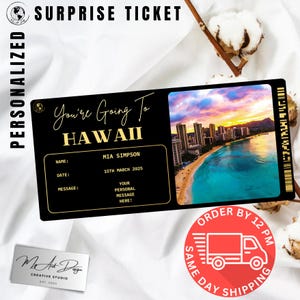Hawaï-ticket | Aangepast cadeau voor reis naar Hawaï | Gepersonaliseerde reisonthulling | Souvenirkaart eilandvakantie