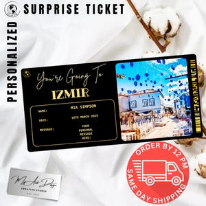 Izmir-ticket | Aangepast Turkije-reiscadeau | Gepersonaliseerde reisonthulling | Egeïsche souvenirkaart