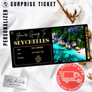 Billet pour les Seychelles | Cadeau voyage personnalisé aux Seychelles | Révélation de voyage personnalisée | Carte souvenir lune de miel sur l'île