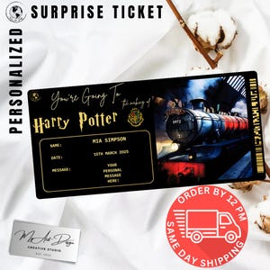 Billet Harry Potter |  Carte d'embarquement | Cadeau personnalisé voyage à Poudlard | Révélation de voyage Wizard personnalisée | Faux billet | Carte souvenir