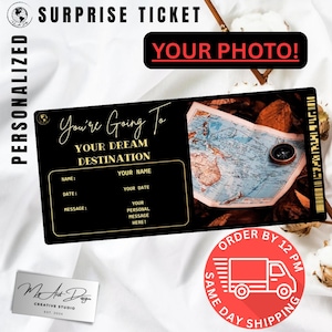 Billet cadeau personnalisé | Révélation Voyage surprise | Carte d'embarquement personnalisée | Cadeau de Noël unique | Billet souvenir