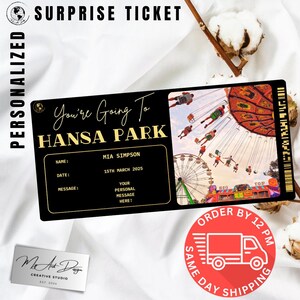 Billet pour le parc Hansa | Cadeau personnalisé pour voyage dans un parc à thème | Révélation de voyage personnalisée | Carte souvenir pour enfants