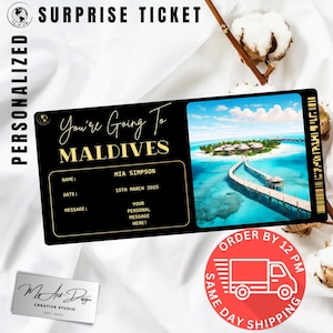 Billet pour les Maldives | Cadeau personnalisé de voyage sur l'île | Révélation de voyage personnalisée | Carte souvenir lune de miel