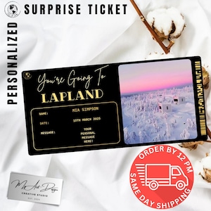 Lapland-ticket | Instapkaart | Aangepast cadeau voor reis naar Lapland | Gepersonaliseerde reisonthulling | Nepvliegticket | Souvenirkaart voor feestdagen