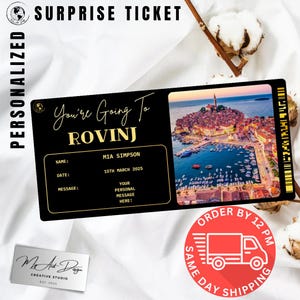 Billet pour Rovinj | Cadeau de voyage personnalisé en Croatie | Révélation de voyage personnalisée | Carte souvenir Côte Adriatique