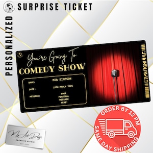 Tarjeta de recuerdo de regalo con boleto personalizado para espectáculo de comedia