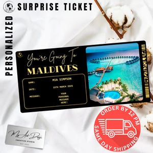 Billet pour les Maldives | Cadeau personnalisé de voyage sur l'île | Révélation de voyage personnalisée | Carte souvenir lune de miel