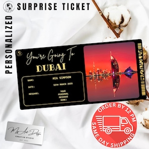 Bilhete para Dubai | Viagem personalizada para Dubai | Revelação de viagem personalizada | Cartão surpresa de férias nos Emirados Árabes Unidos