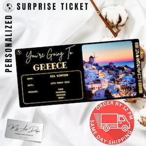 Billet pour la Grèce | Cadeau de voyage personnalisé en Grèce | Révélation de voyage personnalisée | Carte souvenir de vacances