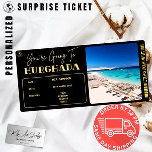 Hurghada-ticket | Aangepaste reis naar Egypte-cadeau | Gepersonaliseerde reisonthulling | Souvenirkaart Vakantie Rode Zee