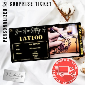 Billet de tatouage | Carte-cadeau tatouage personnalisé | Révélateur d'encre personnalisé | Carte souvenir surprise de rendez-vous tatoué