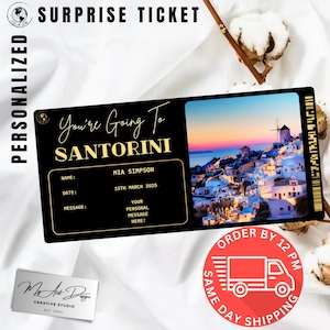 Billet pour Santorin | Cadeau de voyage personnalisé en Grèce | Révélation de voyage personnalisée | Carte souvenir romantique
