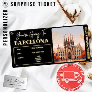 Ingresso para Barcelona | Presente personalizado para viagem à cidade | Revelação de viagem personalizada | Cartão surpresa para férias na Espanha