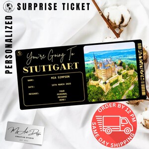 Billet pour Stuttgart | Cadeau personnalisé pour un voyage en Allemagne | Révélation de voyage personnalisée | Carte souvenir City Break