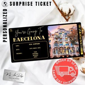Billet pour Barcelone | Cadeau personnalisé pour un voyage en ville | Révélation de voyage personnalisée | Carte surprise vacances en Espagne