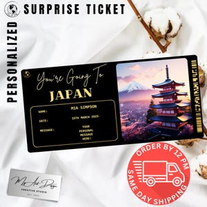 Billet Japon | Cadeau personnalisé voyage au Japon | Révélation de voyage personnalisée | Carte surprise vacances en Asie