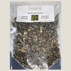 May include: A clear plastic pouch containing dried Jamaican Blue Vervain herbs. The white label features the text FaithSelects BE WHOLE, Jamaican Blue Vervain, Handpicked Wildcrafted, and Direct Import From Jamaica, with weight options of 1 oz, 2 oz, and 4 oz.