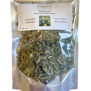 May include: A clear, sealed bag containing dried Damiana leaves. The label reads "FaithSelects Damiana Ram-Goat Dash-Along." Text on the label also states "Handpicked Wildcrafted" and "Direct import from Jamaica." Net weight is 1 oz.