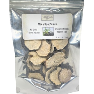 May include: A clear, sealed bag filled with dried maca root slices. The label reads "Maca Root Slices" and "Air-Dried 100% Natural." The net weight is 1 oz or 2 oz. The slices are beige and tan.