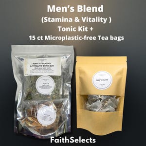 May include: A tonic kit and a pack of 15 microplastic-free tea bags labeled Men's Blend (Stamina & Vitality) Tonic Kit. The kit includes two clear pouches containing dried roots, herbs, and berries, while the brown pouch holds the tea bags.